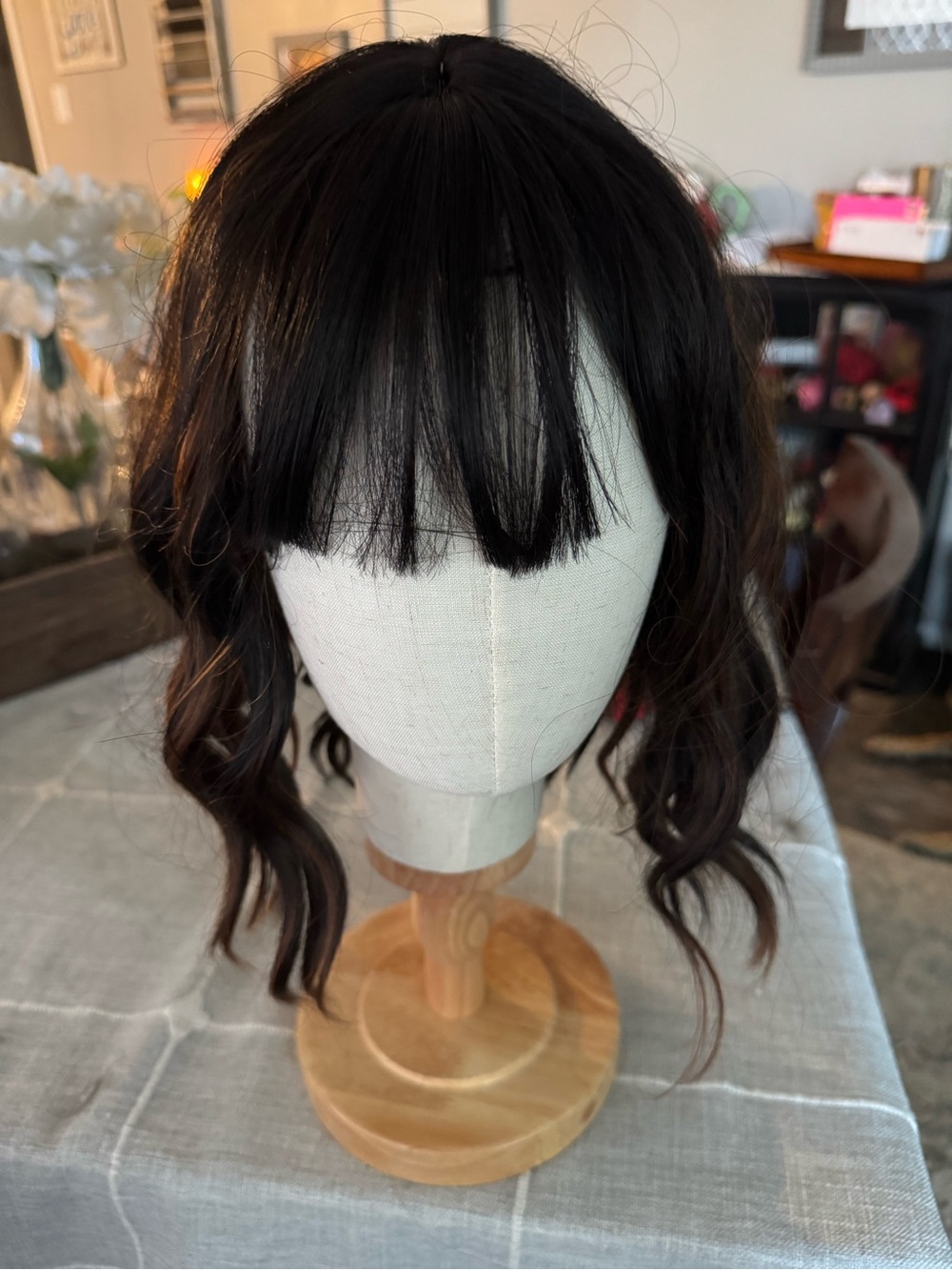 Natural Dark Brown Wavy Short Wig with Bangs - Women Hair